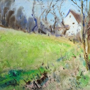 Original watercolor, Sunny green grass, Spring garden, Wall art living room, Decor home, Plein air painting, Wildflowers forest landscape