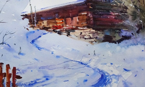 オリジナルの水彩画、山の冬の晴れた風景、小さな田舎の壁画