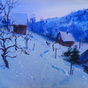 Original watercolor painting, Evening winter landscape in the mountains, Winter original landscape, Christmas village painting, Home decor