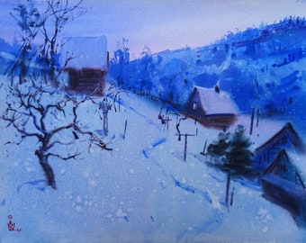 Original watercolor painting, Evening winter landscape in the mountains, Winter original landscape, Christmas village painting, Home decor
