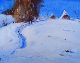 Original watercolor painting, Sunny winter mountains, Christmas village painting, Winter original landscape, Realistic watercolor artwork