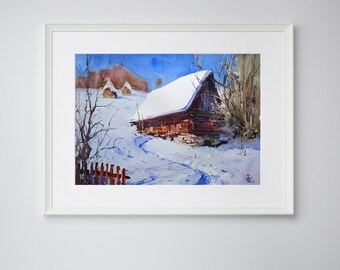 Original watercolor painting, Winter sunny landscape in the mountains, Small country wall art, Christmas village Sunny snow, New Year&#39;s gift