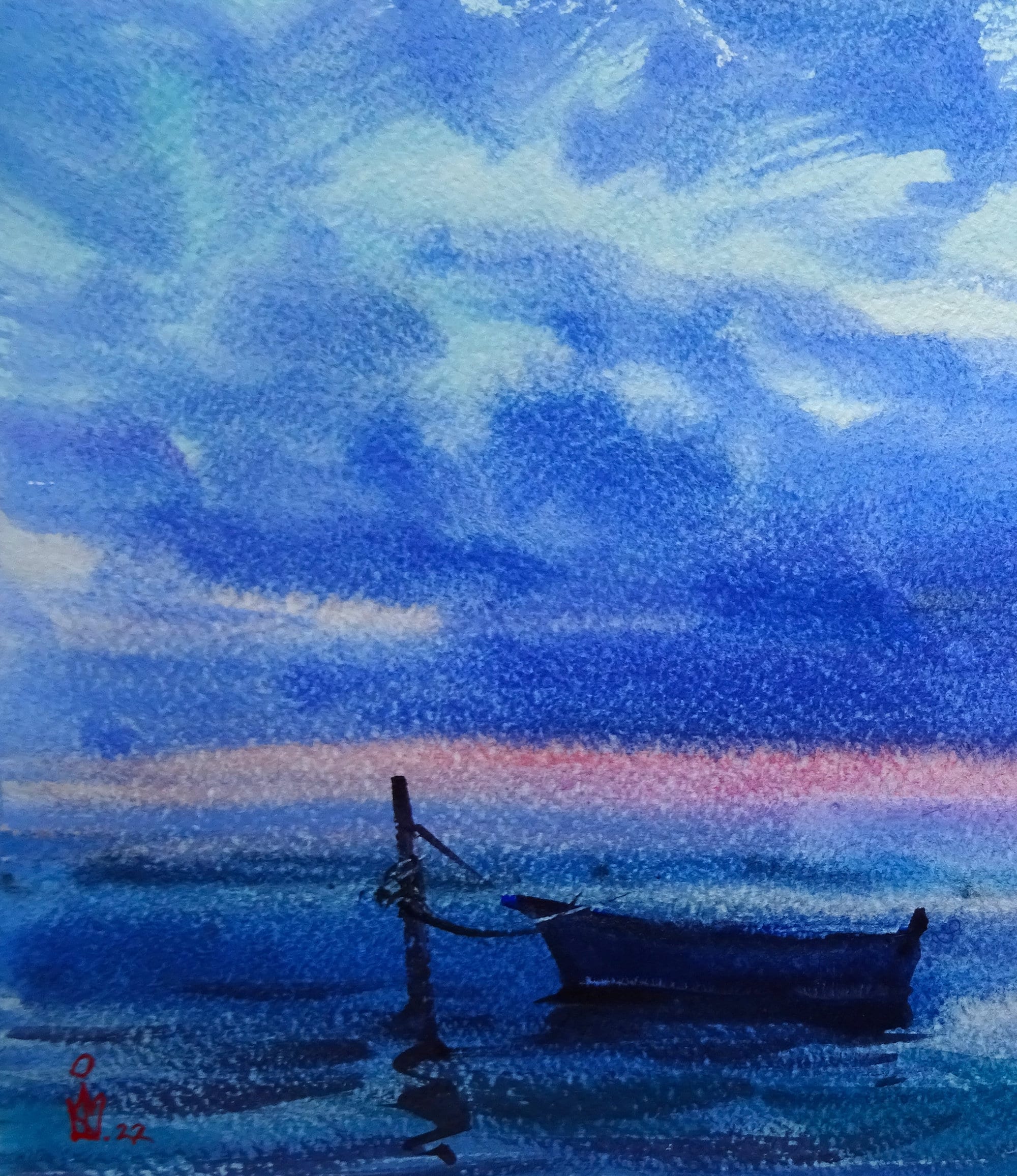 Original Ukrainian Watercolor Painting, Fisherman in a Boat at Sunset,  Evening Fishing at Sea, Realistic Reflection in Water, Art Home Decor 