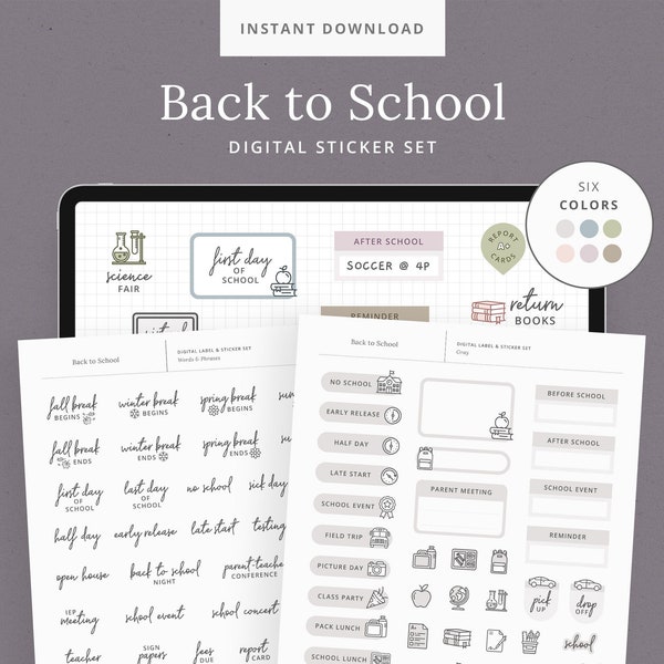 School Digital Sticker Set - Kids Back to School - GoodNotes Sticker Book - Half Day, Carpool, School Events, Parent Reminders - DashPlanner