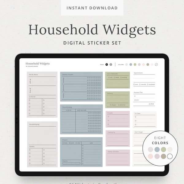 Household Widgets - Digital Sticker Set for Planners - Cleaning, Projects, Meals, Expenses - Minimalist Goodnotes Sticker Book - DashPlanner