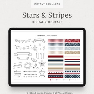 Stars & Stripes Digital Sticker Set - 4th of July, Banners, Fireworks, Doodles, and Washi - for iPad, GoodNotes, Notability - Dash Planner