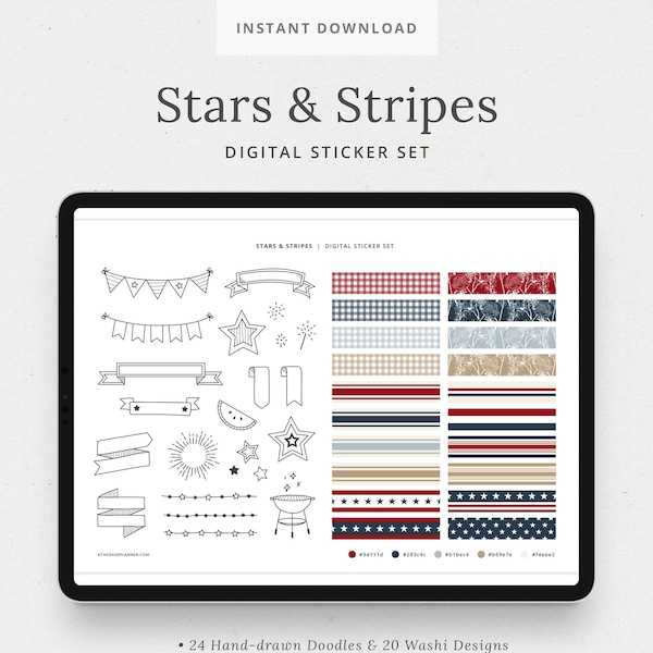 Stars & Stripes Digital Sticker Set - 4th of July, Banner, Feuerwerk, Doodles und Washi - für iPad, GoodNotes, Notability - Dash Planner