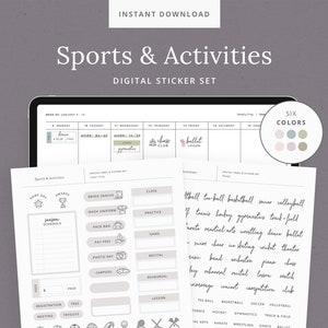 May include: A digital sticker set for planners and journals featuring icons for sports and activities. The icons are in black and white and include sports like basketball, football, tennis, and dance. The set also includes icons for activities like music, chess, and theatre.