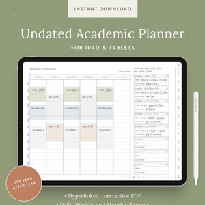 Peut inclure: Un planificateur académique numérique pour iPad et tablettes avec un schéma de couleurs bleu clair et beige. Le planificateur est non daté et comprend un aperçu du semestre, un horaire de cours et des sections quotidiennes, hebdomadaires et mensuelles. Le planificateur est hyperlié et interactif. Le texte "Undated Academic Planner" est en haut de l'image. Le texte "Semester 2: Overview" est en haut du planificateur. Le texte "Class Schedule" est en haut de la section horaire de cours. Le texte "Use Year After Year" est dans un cercle en bas à gauche de l'image. Le texte "Hyperlinked, Interactive PDF" est en bas de l'image. Le texte "Daily, Weekly, and Monthly Spreads" est en bas de l'image. Le texte "Monday & Sunday Start" est en bas de l'image. Le texte "DASHPLANNER ON ETSY" est en bas de l'image.