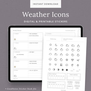 Op de afbeelding: Een digitale, printbare stickervel met weersymbolen voor gebruik in een weekplanner. De symbolen omvatten zon, maan, wolken, regen, sneeuw, wind en temperatuur. De vel bevat ook secties voor de wekelijkse voorspelling en het weer van vandaag.