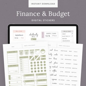 Pode incluir: Um conjunto de adesivos digitais para finanças pessoais e orçamento. O conjunto inclui adesivos verdes e brancos com palavras e ícones relacionados a contas, despesas, renda, economias e muito mais. Os adesivos são projetados para uso em planejadores, diários e outras ferramentas de organização.