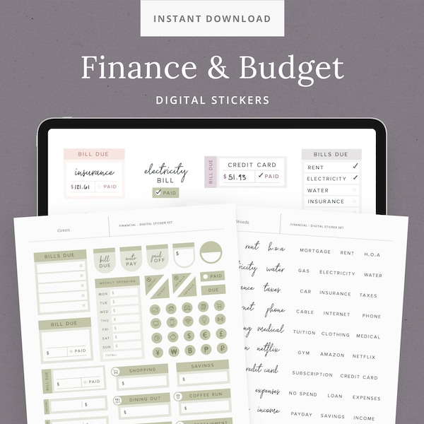 Finance & Budget Digital Sticker Set for Planners - Bill Due, Income + Expense Trackers - Minimalist GoodNotes Sticker Book - DashPlanner