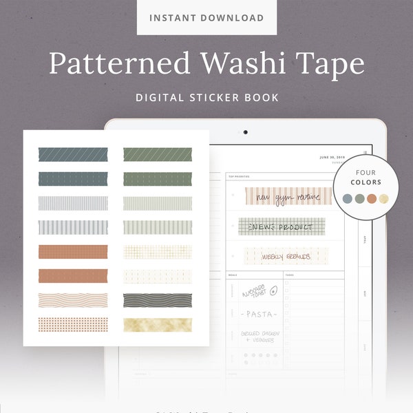 Patterned Washi Digital Sticker Book for GoodNote - Blue Green Orange Gold foil - for Planners Notebooks - Minimal labels for Students