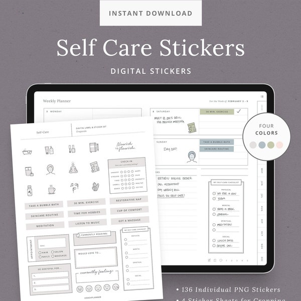 Self Care Digital Stickers for Planner - GoodNotes Sticker Book - Printable iPad Stickers Gratitude, Meditation, Mood Tracker - Dash Planner