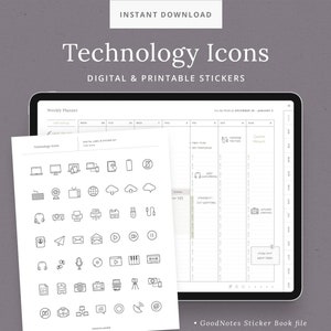 Digitala teknikklistermärken – GoodNotes-planerare, kontors- och musikikoner (PNG)