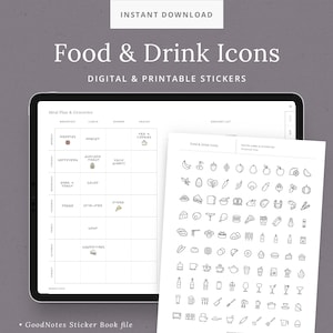 Food & Drink Digital Stickers for GoodNotes - Sticker Book Template - Fruits, Vegetables, Coffee, Tea, Kitchen Tools, Meals - Dash Planner