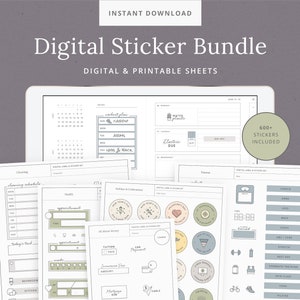 May include: A digital sticker bundle with over 600 printable stickers for planning, organizing, and tracking. The stickers feature a variety of designs, including holidays, finances, health, and fitness.