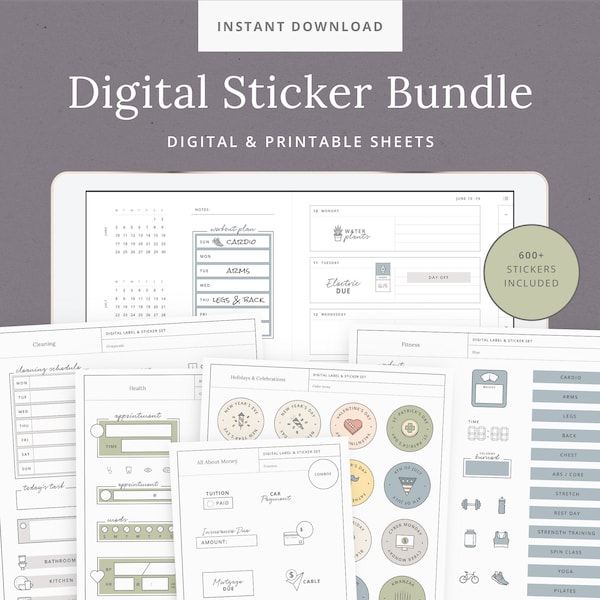 Digital Sticker Bundle for GoodNotes - Printable iPad Planner Labels for Fitness, Health, Cleaning, Holidays, and Finances - Starter Kit