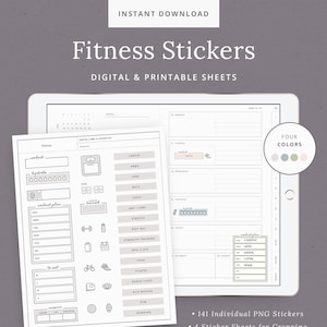 Könnte beinhalten: Digitale, druckbare Fitness-Sticker für Planer. Die Sticker zeigen eine Vielzahl von Trainings-Icons, darunter Cardio, Arme, Beine, Rücken, Brust, Bauch/Core, Dehnung, Ruhetag, Krafttraining, Spin-Kurs, Yoga, Pilates, Tanzkurs, Kickboxen, Fitnessstudio und Laufen. Die Sticker sind in vier Farben erhältlich: Hellblau, Grün, Hellgrau und Rosa.
