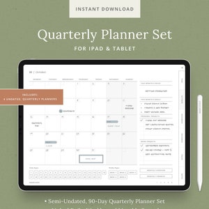 Undated Quarterly Digital Planners - Productivity GoodNotes Template - 90 Day Journal with Habit and Goal Trackers - Stickers - Dash Planner