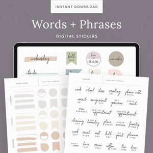 Essential Words & Phrases Digital Stickers - Sticker Book for GoodNotes - Modern + Minimalist Script Stickers for journaling - Dash Planner