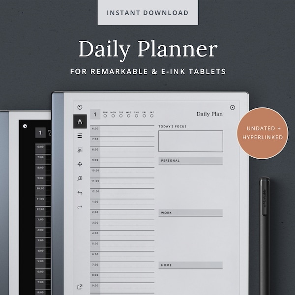 Daily Planner reMarkable Template - Digital Planner for reMarkable 1 2 & E-Ink Tablets - Dark Mode - with Daily Meeting Notes - Dash Planner