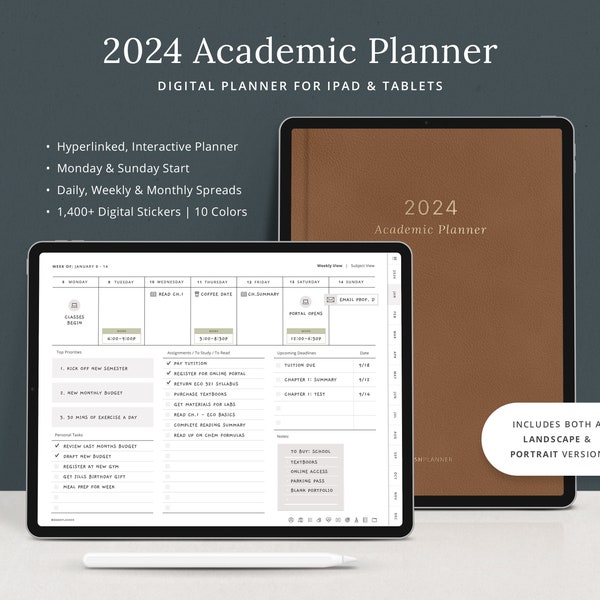 2024 Digital Academic Planner - Notebook Agenda for Students - Planner for Study, Reading, Projects, Assigment, Goals, Grades - Dash Planner