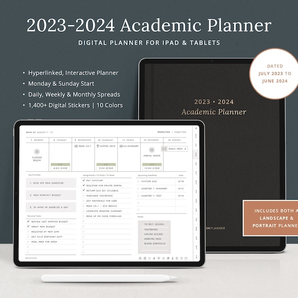 2023-2024 Digitaler Studentenplaner - Datierter Akademischer GoodNotes-Vorlage - Notizbuch, Aufgaben-Tracker, Projekt- und Aufsatzplaner - Dash Planner