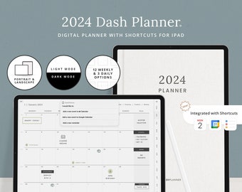 Planificateur numérique 2024 avec liens vers le calendrier Apple, le calendrier Google et les rappels - Goodnotes & Notability pour iPad - Dash Planner