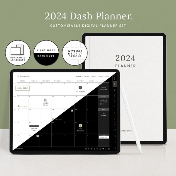 2024 Digitale Planner - Dash Planner - Gedateerd minimalistisch dagboek voor GoodNotes - Maandelijkse, wekelijkse en dagelijkse iPad-sjabloon met digitale stickers