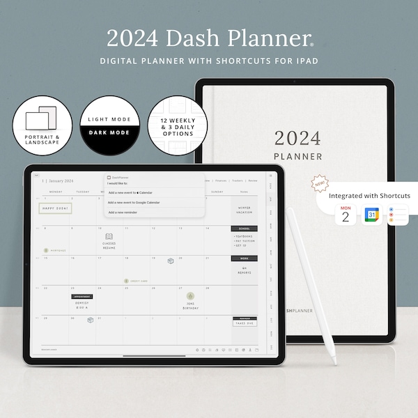 Planificateur numérique 2024 avec liens vers le calendrier Apple, le calendrier Google et les rappels - Goodnotes & Notability pour iPad - Dash Planner