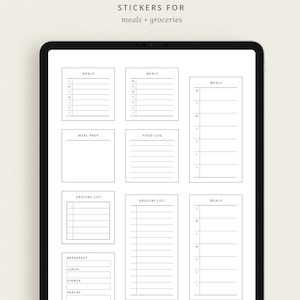 May include: A set of printable stickers for meal planning and grocery shopping. The stickers include sections for meals, meal prep, food log, grocery lists, and a section for breakfast, lunch, dinner, and snacks.