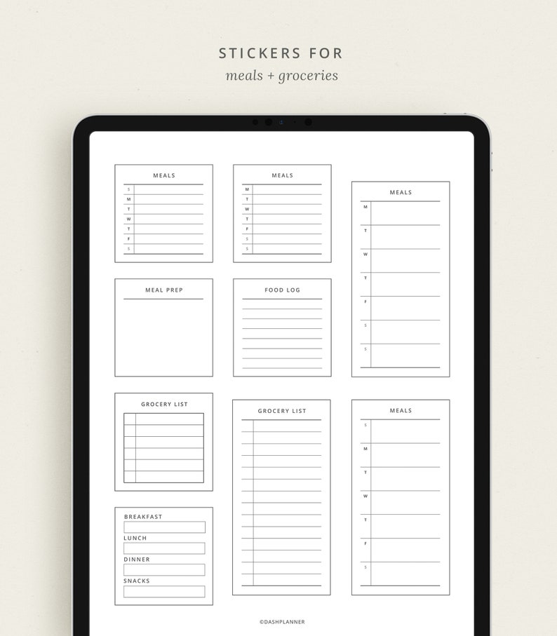 May include: A set of printable stickers for meal planning and grocery shopping. The stickers include sections for meals, meal prep, food log, grocery lists, and a section for breakfast, lunch, dinner, and snacks.
