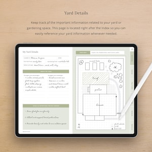 May include: A printable yard details planner with a hand-drawn yard map, including a house, patio, turf, raised beds, and a full shade path. The planner includes sections for yard information, strengths and challenges, goals and intentions for the garden, and a yard map legend.