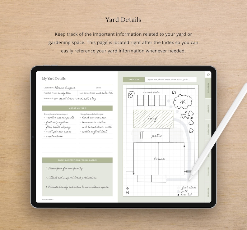 May include: A printable yard details planner with a hand-drawn yard map, including a house, patio, turf, raised beds, and a full shade path. The planner includes sections for yard information, strengths and challenges, goals and intentions for the garden, and a yard map legend.
