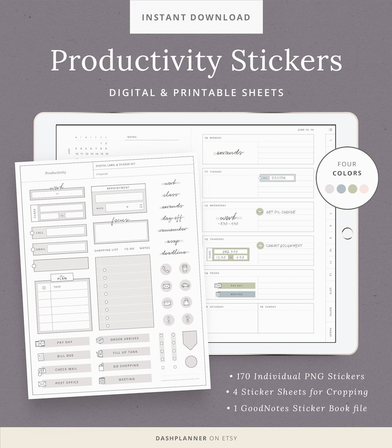 Productivity Digital Stickers for GoodNotes - iPad Planner Stickers - Printable Productivity Sticker Labels - iPad Tablet - Instant Download 