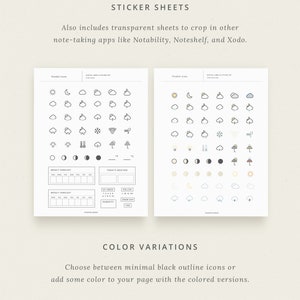 May include: Two sticker sheets with weather icons. The left sheet features black and white icons, while the right sheet features colored icons. Both sheets include a weekly forecast and today's weather sections.