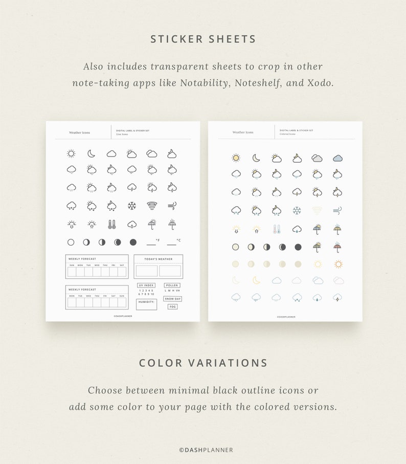May include: Two sticker sheets with weather icons. The left sheet features black and white icons, while the right sheet features colored icons. Both sheets include a weekly forecast and today's weather sections.