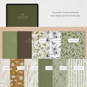 May include: Twelve different botanical-themed cover designs for a garden journal planner and logbook. The designs include floral patterns, leaves, and stripes in shades of green, white, and brown.