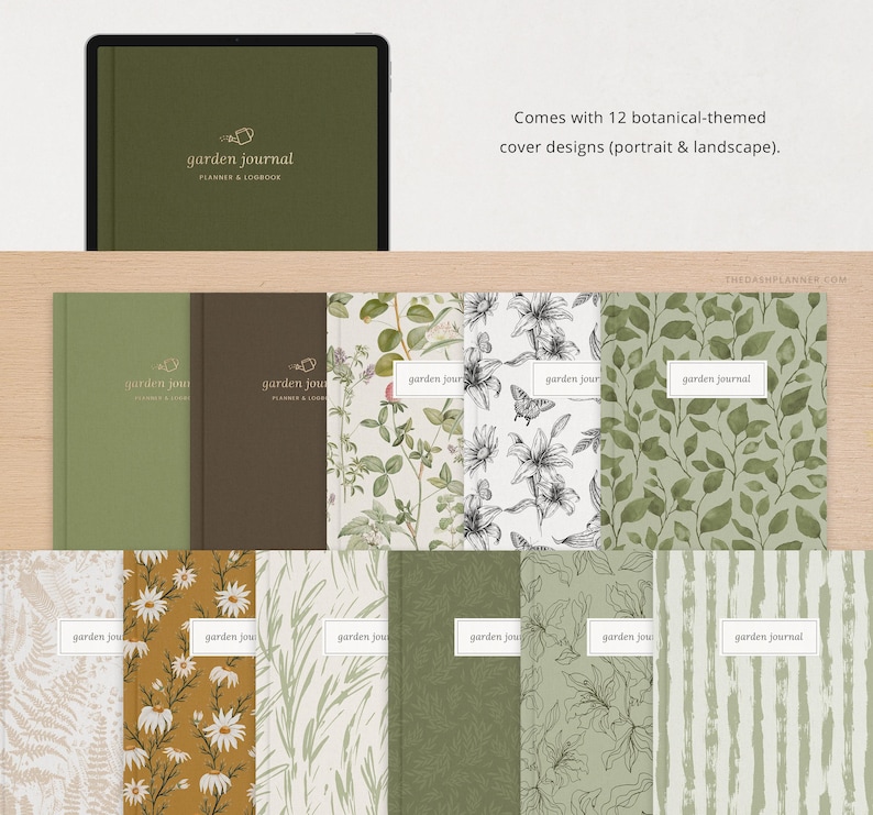 May include: Twelve different botanical-themed cover designs for a garden journal planner and logbook. The designs include floral patterns, leaves, and stripes in shades of green, white, and brown.