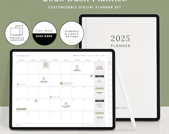 Planificador digital 2025 - Dash Planner - Diario minimalista con fecha para GoodNotes - Plantilla mensual, semanal y diaria para iPad con pegatinas digitales