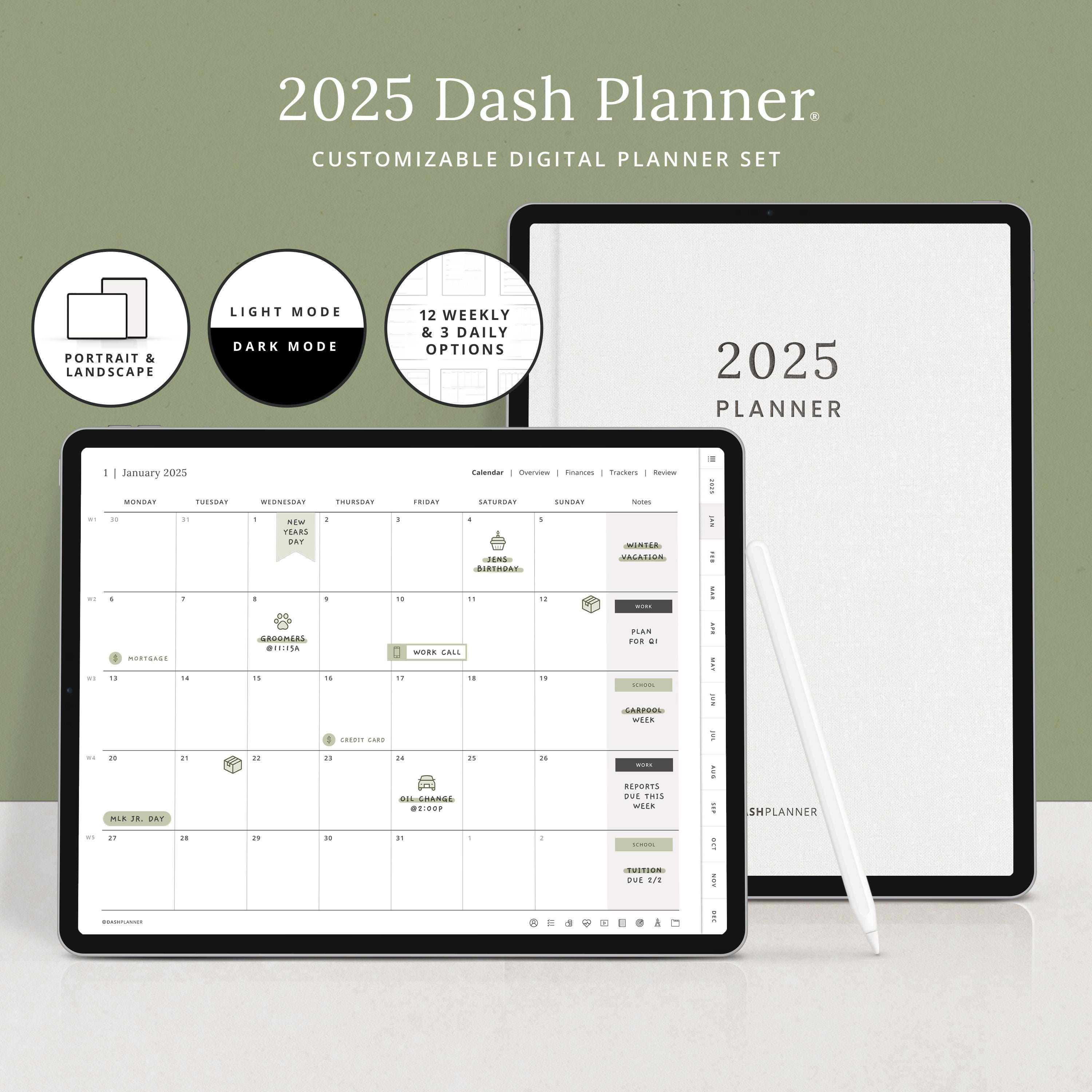2025 Digital Planner - Dash Planner - Dated Minimalist Journal for GoodNotes - Monthly, Weekly & Daily iPad Template with Digital Stickers