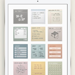 May include: A digital tablet screen displaying a collection of colorful sticky notes with handwritten text and drawings. The notes include lists, reminders, and ideas for a wedding, a 30-day challenge, and a daily routine. The notes are organized in a grid pattern on the screen.