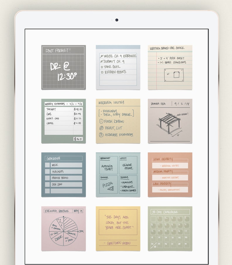 May include: A digital tablet screen displaying a collection of colorful sticky notes with handwritten text and drawings. The notes include lists, reminders, and ideas for a wedding, a 30-day challenge, and a daily routine. The notes are organized in a grid pattern on the screen.