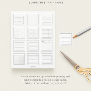 May include: Printable sticker sheet with nine different designs, including lined, grid, dotted, and blank squares. The text "BONUS USE: PRINTABLE" is at the top of the sheet. The text "DASHPLANNER" is at the bottom of the sheet.