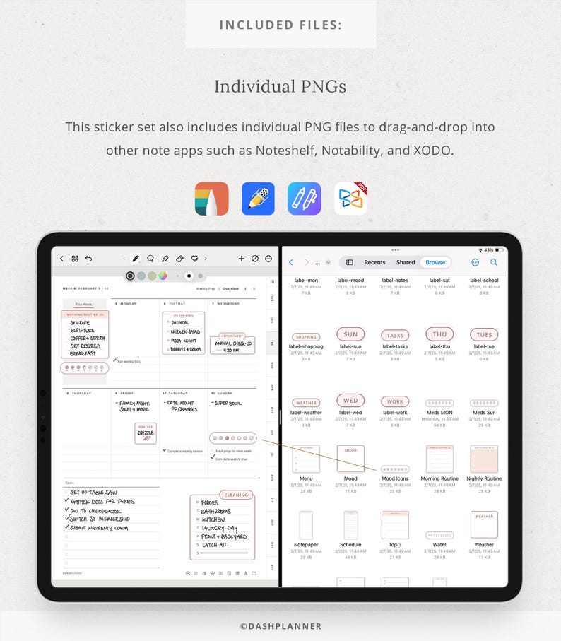 Pu&ograve; includere: Uno screenshot di un'app di pianificazione digitale su un iPad. L'app &egrave; aperta a una vista di pianificazione settimanale con una variet&agrave; di adesivi ed etichette. Gli adesivi sono in uno schema di colori rosa e bianco e includono etichette per "Shopping", "Sun", "Tasks", "Thu", "Tues", "Weather", "Wed", "Work", "Menu", "Mood", "Mood Icons", "Morning Routine", "Nightly Routine", "Newspaper", "Schedule", "Top 3", "Water", e "Weather".