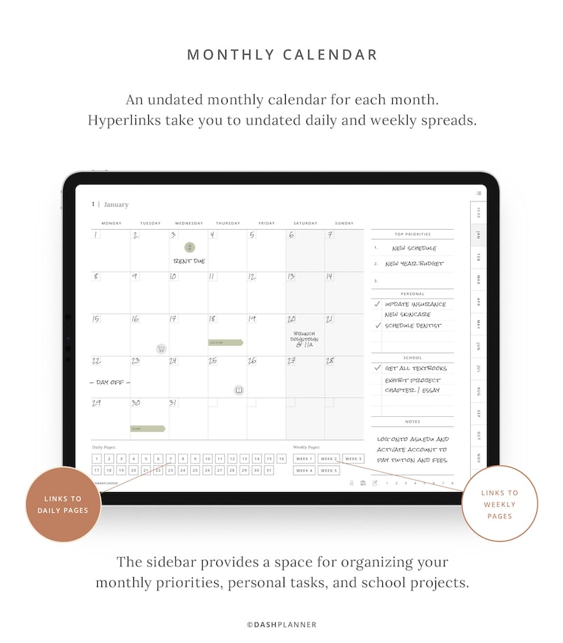 May include: A digital planner app on a tablet screen showing a monthly calendar for January. The calendar has links to daily and weekly pages. The sidebar includes a list of top priorities, personal tasks, and school projects.