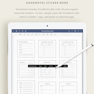 May include: A digital planner page with a GoodNotes sticker book. The page is divided into sections for appointments, morning routine, evening routine, contact, workouts, and fitness. The page includes a variety of stickers that can be used to customize the planner.