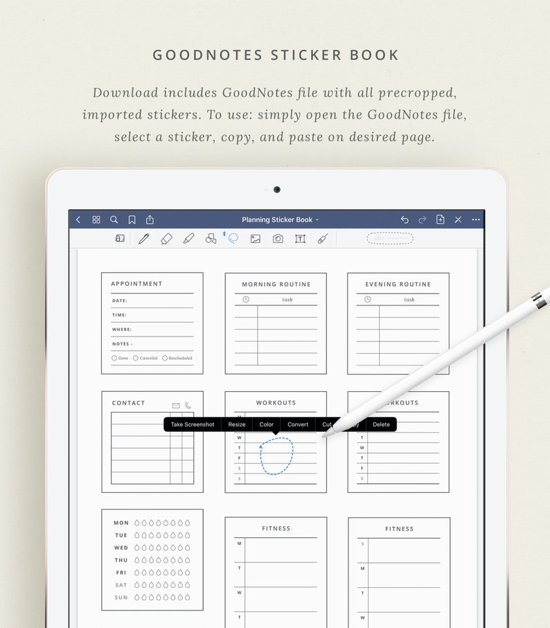 May include: A digital planner page with a GoodNotes sticker book. The page is divided into sections for appointments, morning routine, evening routine, contact, workouts, and fitness. The page includes a variety of stickers that can be used to customize the planner.