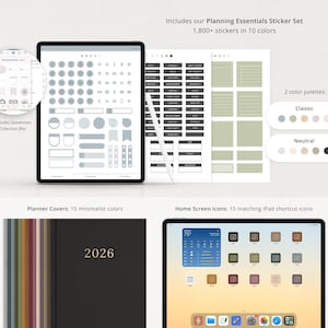 includes 1,800+ stickers, 15 planner covers, and iPad shortcut icons.